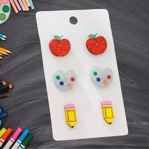 Red Apple, Silver Heart, Yellow Pencil Earrings Set